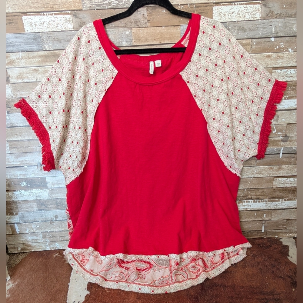 Cato Boho Mixed Print Hi Lo Red Trim Sleeved Top
